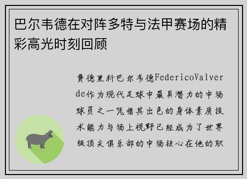 巴尔韦德在对阵多特与法甲赛场的精彩高光时刻回顾