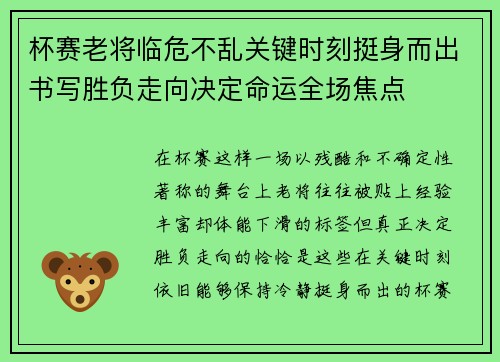 杯赛老将临危不乱关键时刻挺身而出书写胜负走向决定命运全场焦点