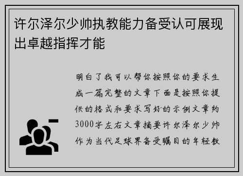 许尔泽尔少帅执教能力备受认可展现出卓越指挥才能